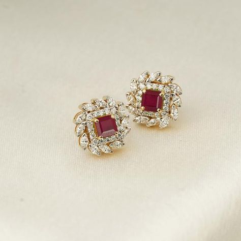 Malabar Gold Diamond Earrings, Simple Diamond Earrings Antique, Luxury Ruby Chandbalis In Elegant Style, 4 In 1 Diamond Earrings Indian, Real Diamond Earrings Studs Indian, Simple Diamond Earrings Kameswari Jewellers, Jimmiki Earrings Diamond, Indian Earrings Traditional Studs, Stone Studs Earrings Gold Indian