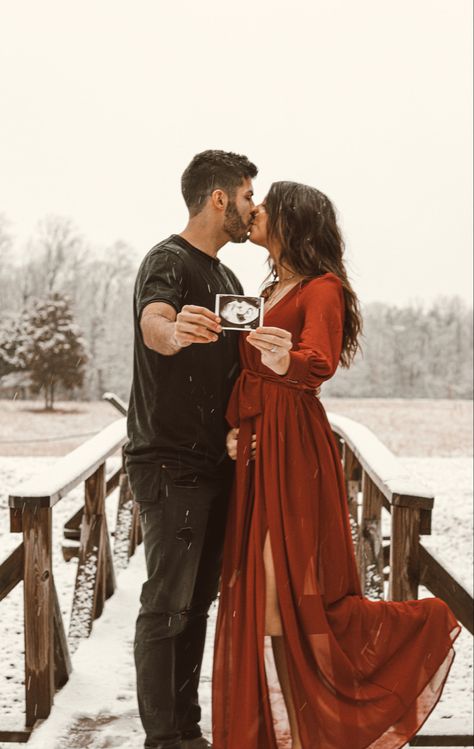 Winter Maternity Shoot Ideas, Winter Baby Announcement Photoshoot, Winter Maternity Pictures Snow, Maternity Snow Pictures, Snow Pregnancy Announcement, Christmas Tree Farm Maternity Pictures, Snow Maternity Photoshoot, Pregnancy Announcement With Ultrasound, Snowy Maternity Photos