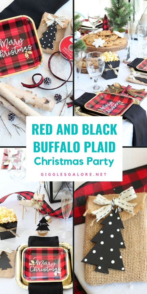 Holiday Table Setting. With Text Reading: How to Host a Red and Black Buffalo Plaid Holiday Dinner Party. Buffalo Plaid Centerpiece Ideas, Flannel Party Theme, Flannel Christmas Party Theme, Red And Black Buffalo Plaid Christmas, Plaid Party Decorations, Checkered Party, Diy Christmas Activities, Flannel Party, Canadian Christmas