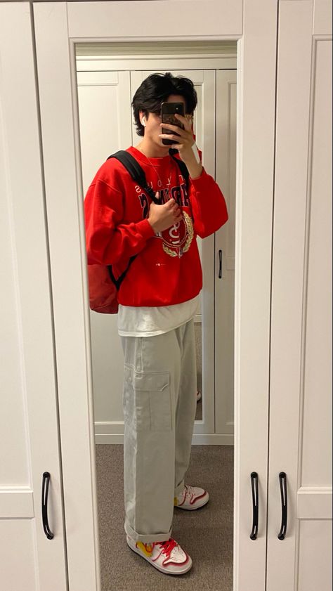 Aesthetic Valentines Day Outfit, Red Streetwear Outfit, Aesthetic Valentines Day, Red Shoes Outfit, Aesthetic Valentines, First Day Outfit, Red Streetwear, Future Outfit, Streetwear Men