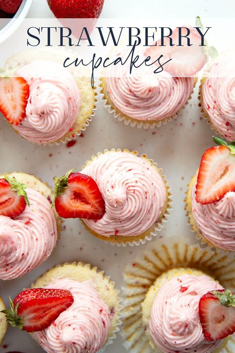 These strawberry cupcakes with cream cheese frosting feature a soft vanilla cake base studded with juicy fresh strawberry chunks and frosted in a strawberry cream cheese frosting. Strawberry Cupcakes With Cream Cheese, Strawberry Cream Cheese Icing, Soft Vanilla Cake, Strawberry Cupcake Recipes, Strawberry Shortcake Cookies, Cream Cheese Cupcakes, Strawberry Cream Cheese Frosting, Cream Cheese Frosting Cake, Moist Vanilla Cake