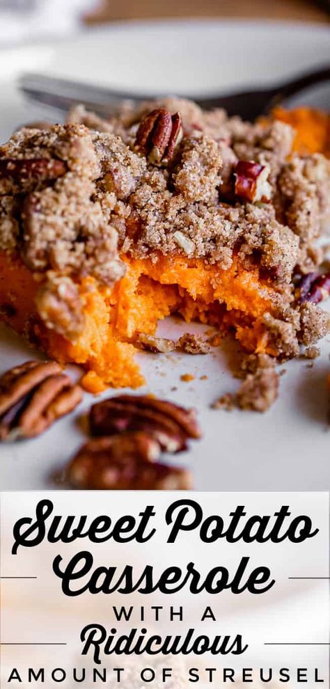 Sweet Potato Casserole with a Ridiculous Amount of Streusel from The Food Charlatan. This Sweet Potato Casserole with pecan topping made a convert out of me! I used to hate baked sweet potato casserole, but that was before I tried my favorite trick: Adding a ridiculous amount of streusel. Works every time. This recipe is easy to make, has plenty of pecan topping to go around, and can be made ahead of time! #easy #recipe #sweetpotato #RuthChris #withpecans #streusel #Best #thanksgiving #... Sweet Potato Casserole With Pecans, Healthy Sweet Potato Casserole, The Best Sweet Potato Casserole, Baked Sweet Potato Casserole, Casserole Thanksgiving, Sweet Potato Casserole Healthy, Best Sweet Potato Casserole, Best Sweet Potato, Healthy Sweet Potato