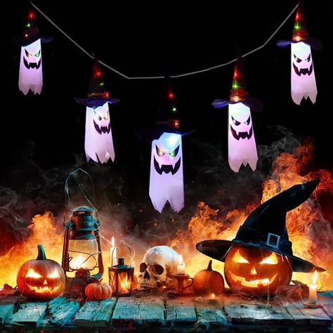 Outdoor Halloween Parties, Halloween String Lights, Halloween Ghost Decorations, Halloween Printables Free, Hanging Ghosts, Ghost Lights, Ghost Light, Adornos Halloween, Horror Decor