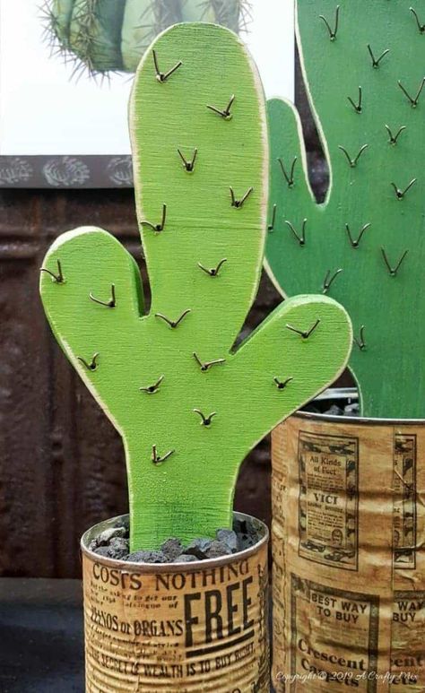 The little baby brother wooden cactus. #BrownThumb #WoodenCacti #DIYTutorial #ACraftyMix #tincanrepurpose Wooden Cactus, Jigsaw Projects, Cactus Craft, Cactus Diy, Green Craft, Deco Nature, Bedroom Crafts, Cactus Decor, Tin Cans