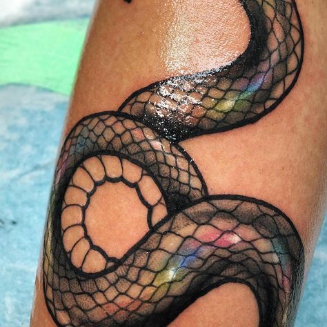 Neo Snake Tattoo, Snake Colour Tattoo, Snake Fangs Tattoo, Snake Shin Tattoo Women, Rainbow Serpent Tattoo, Indigo Snake Tattoo, Iridescent Snake Tattoo, Coloured Snake Tattoo, Snake Color Tattoo