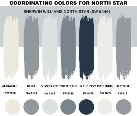 Sherwin Williams Gray With Blue Tones, First Star Sherwin Williams Coordinating Colors, Sherwin Williams North Star Coordinating Colors, Alabaster Coordinating Colors, North Star Sherwin Williams, Gray Paint Colors Sherwin Williams, Paint 2024, Benjamin Moore Bathroom, Coordinating Paint Colors