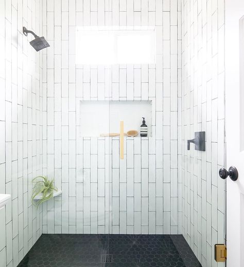 Vertical Vs Horizontal Subway Tile, Verticle Subway Tiles, Black Hexagon Floor Tile Bathroom, White Tile Black Grout, White Tiles Grey Grout, Vertical Subway Tile Bathroom, White Tiles Black Grout, Hexagon Tile Bathroom Floor, Textured Subway