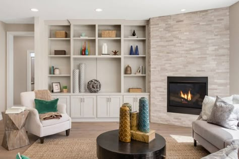 Corner Fireplace Living Room, Office Built Ins, Living Room Built Ins, Built In Cabinet, Fireplace Built Ins, Corner Fireplace, Fireplace Remodel, Living Room Cabinets, Built In Bookcase