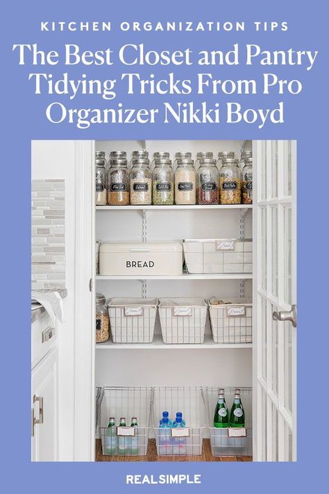 The Best Closet and Pantry Tidying Tricks We Learned from Pro Organizer Nikki Boyd | Here's what organizing expert Nikki and digital deputy editor Jennifer came up with for organizing any sized kitchen pantry and bedroom closets. These clever organization and storage products are must-haves. #declutter #organizationtips #realsimple #declutterideas #howtoclean #homeorganization At Home With Nikki, Organizing Inspiration, Clever Organization, Pro Organizer, Bedroom Closets, Drawer Bins, Clever Organizer, Storage Products, Organizing Hacks