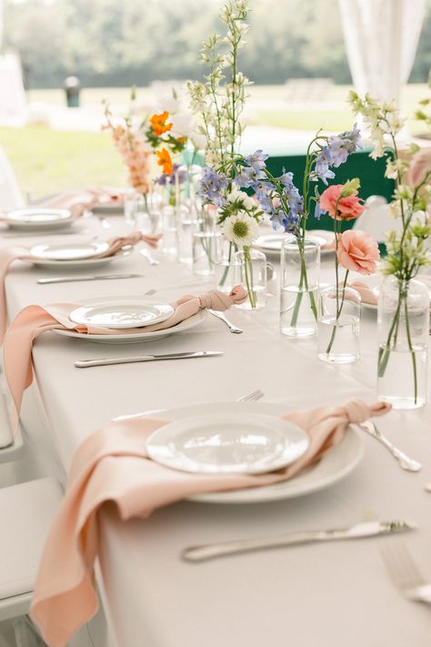 Bud Vases Centerpiece, Wildflowers In Bud Vases, Blush And White Bud Vase Centerpiece, Farm Tables With Bud Vases, Bud Vases Wedding Long Table Colorful, Peach Bud Vases Wedding, Blue Peach Wedding, Ultimate Wedding Planning Checklist, Bud Vases Wedding