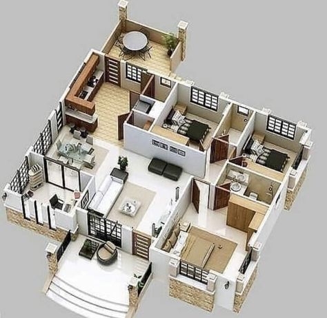 Small Modern Home Plans, Small Modern Home Design, Modern Home Design Plans, Floor Plan With Furniture, Modern Home Plans, Small House Blueprints, Three Bedroom House Plan, House Outer Design, 3d House Plans