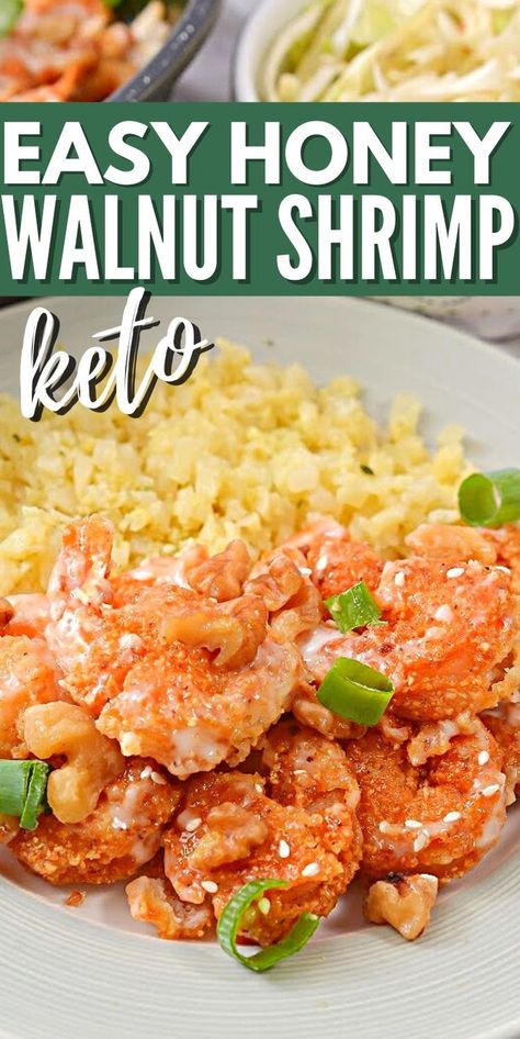 Easy Keto Honey Walnut Shrimp - This keto honey walnut shrimp is covered in a sugar-free honey sauce and crunchy walnuts. The perfect takeout alternative that's ready in less than 30 minutes! #keto #Ketorecipes #Ketodiet #Ketohoneywalnutshrimp #honeywalnutshrimp #shrimprecipes #seafood #dinnerideas #food #recipes Walnut Chicken Chinese, Keto Honey, Low Carb Shrimp Recipes, Honey Shrimp, Low Carb Chicken Casserole, Walnut Chicken, Keto Shrimp Recipes, Keto Pork Chops, Walnut Sauce