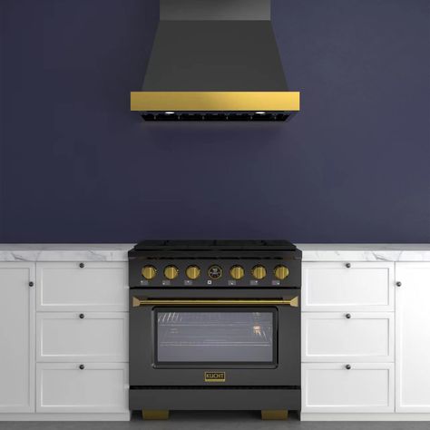 Experience exceptional odor and heat extraction with our new wall-mounted range hood, designed in a classic bell-style shape for a touch of elegance. Featuring great suction power with low noise, it efficiently keeps your kitchen air fresh and clean. Available in three sizes 30", 36", and 48", and two stunning color options: stainless steel with gold accents or the sophisticated "Gemstone" with gold, this range hood will enhance both the functionality and look of your kitchen. Kucht 36-in 600-CF Gold Accent Wall, Air Fresh, Dual Fuel Ranges, Convection Oven, Range Hood, Fresh And Clean, New Wall, Gold Accents, Accent Wall