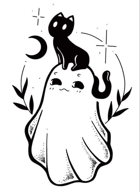 Goth Drawing Ideas, Goth Aesthetic Drawing, Ghost Tattoos Simple, Ghost Cat Tattoo, Ghost Cat Drawing, Witchy Drawings Simple, Cute Halloween Drawings Doodles, Pentagram Tattoo, Ghost Drawing