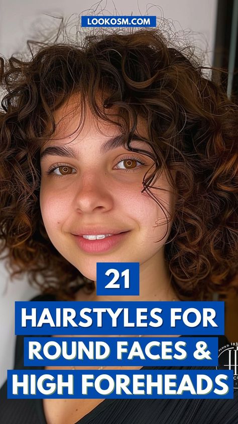 21 Hairstyles for Round Faces & High Foreheads to Define Your Style Big Forehead Round Face Hairstyles, High Forehead Haircut, Big Round Face Hairstyles, Updo Hairstyles For Round Faces, Round Face Big Forehead Haircuts, Round Face Big Forehead Hairstyles, Hairstyles For High Foreheads, Hair Styles For Big Foreheads, Curly Hairstyles Round Face