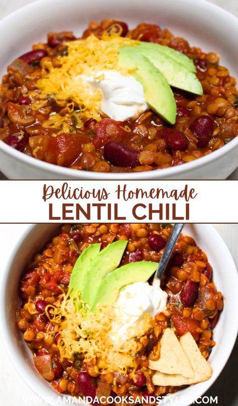 Slow Cooker Vegetarian Lentil Chili - Healthy vegetarian chili packed with lentils, beans and veggies cooked low and slow in my crockpot! Serve with fresh avocado slices, cheese, sour cream and chips. High Protein Vegetarian Casserole, Lentil Chili Instant Pot, Vegetarian Lentil Chili Recipe, Vegetarian Lentil Chili, Mexican Lentils, Healthy Vegetarian Chili, Vegetarian Lentil Recipes, Slow Cooker Vegetarian Recipes, Lentil Chili Recipe