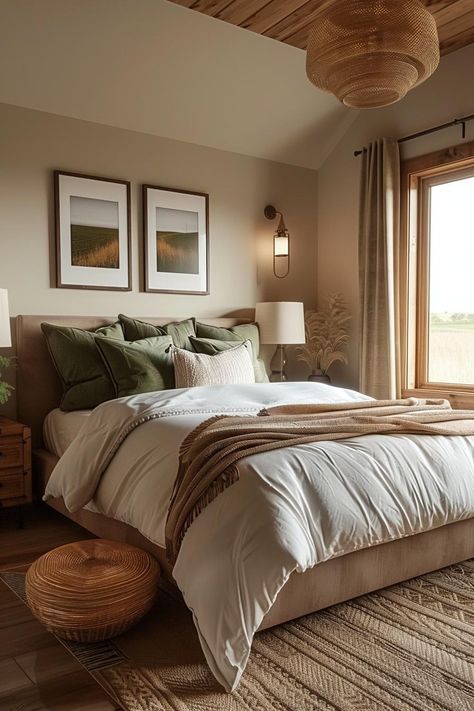 19 Best Earthy Modern Bedroom Ideas for a Cozy Retreat 55 Earthy Tones Home Interior, Cozy Bedroom Earthy, Earthtone Bedroom Cozy, Earthy Neutral Bedroom, Earth Tone Bedroom Green, Earthy Modern Decor, Earth Tone Bedding, Earthy Modern Bedroom, Airbnb Bedroom