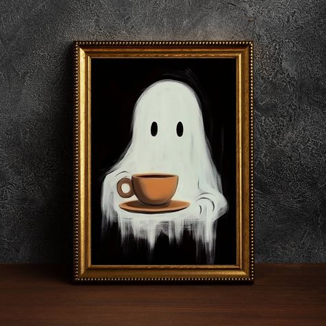 "Ghost Drinking Coffee Poster Add a modern touch to your home or office decor with the digital posters offered in our store! All of our posters are made from high-quality 300 DPI digital files and can be printed in different sizes. We offer designs in many different categories, from nature landscapes to animals, pop culture references, and motivational quotes. Our posters are delivered digitally, so there is no shipping time or cost involved. Once you download the files you purchased, you can pr Academia Room Decor, Ghost Drinking Coffee, Dark Academia Room Decor, Dark Academia Room, Academia Room, Halloween Digital Art, Ghost Art, Halloween Kunst, Sheet Ghost