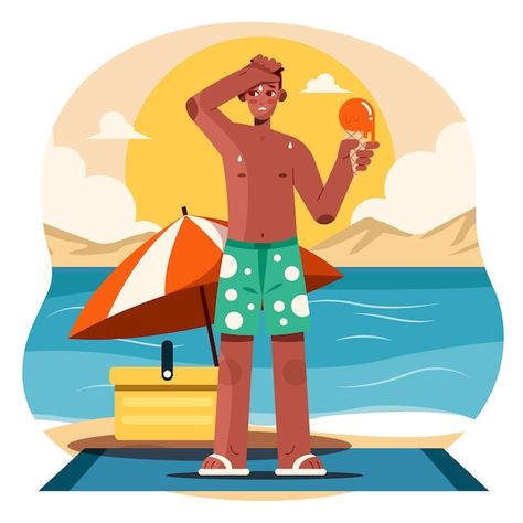 Flat summer heat illustration with man h... | Free Vector #Freepik #freevector #heat-wave #summer-illustration #summer-heat #summer-season Summer Heat Illustration, Heat Illustration, Hot Summer Illustration, Hot Background, Summer Season Cartoon Images, Summer Elements Illustration, Summer Beach Illustration, Holding Ice Cream, Ice Cream Beach