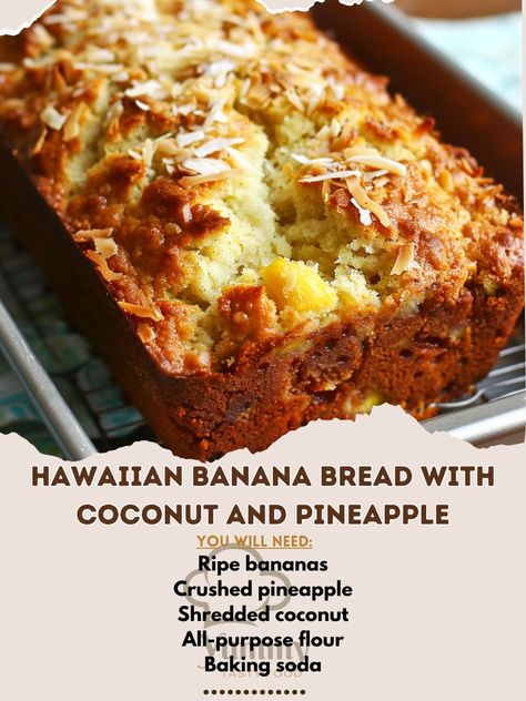 🍌🥥 Indulge in tropical flavors with Hawaiian Banana Bread! #TropicalTreat Hawaiian Banana Bread with Coconut and Pineapple Ingredients: Ripe bananas (3, mashed) Crushed pineapple (1 cup, drained) Shredded coconut (1/2 cup) All-purpose flour (2 cups) Baking soda (1 tsp) Salt (1/2 tsp) Sugar (1 cup) Eggs (2) Vegetable oil (1/2 cup) Vanilla extract (1 tsp) Instructions: Preheat oven to 350°F (175°C). Grease a loaf pan. In a large bowl, combine mashed bananas, crushed pineapple, and shredded ... Banana Bread With Pineapple, Banana Bread With Coconut, Hawaiian Banana Bread Recipe, Hawaiian Banana Bread, Luau Food, Banana Nut Bread Recipe, Coconut Bread, Biscuit Bread, Bread Easy