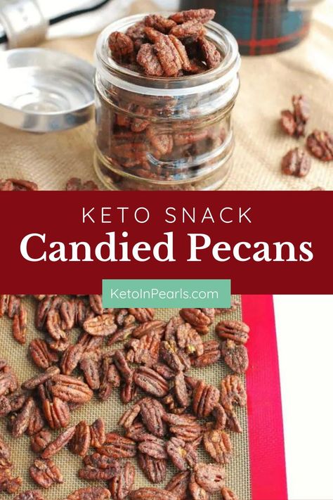 With a sweet cinnamon coating, these Keto Candied Pecans are sure to be your favorite treat anytime! Enjoy them solo for a snack, put them on top of salads, use them to top keto ice cream, the possibilities are endless. Keto Glazed Pecans, Low Carb Candied Pecans, Keto Pecans, Keto Candied Pecans, Keto Apps, Crockpot Little Smokies, Low Carb Treat, Candied Pecans Recipe, Low Carb Candy