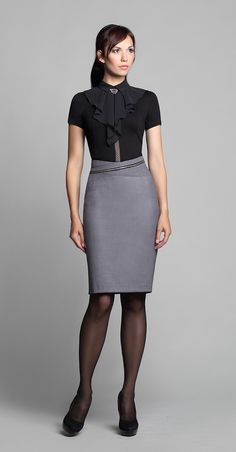 Gray Pencil Skirt Black Top Black Pantyhose and Black High Heels Glamorous Office, Office Clothing, Office Attire Women, Gray Pencil Skirt, Pencil Skirt Outfits, Grey Pencil Skirt, Black Pantyhose, Classic Style Women, Pencil Skirt Black