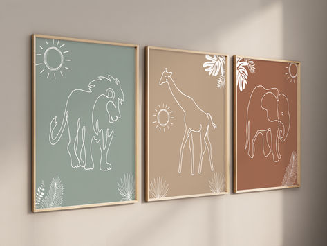 Boho Safari Line Art Set of 3, Children's Bedroom Nursery Wall Art Print, Lion, Elephant, Giraffe, Jungle Animal, Minimalist, Boy Nursery Nursery Art Ideas, Boho Safari, Minimalist Nursery, Jungle Animal, Children's Bedroom, Bedroom Nursery, Art Set Of 3, Jungle Animals, Art Print Set