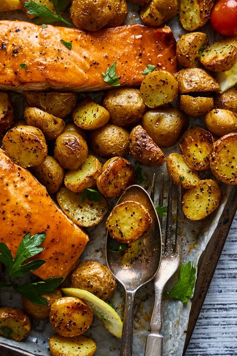 Sheetpan Salmon and Potatoes With Veggies | Olive & Mango Salmon And Potatoes, Salmon Potatoes, Baked Salmon In Foil, Potatoes And Veggies, Oven Salmon, Crispy Roast Potatoes, Salmon In Foil, Oven Baked Salmon, Salmon Potato