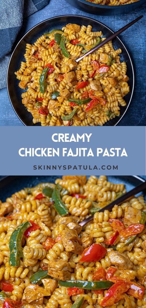 Easiest Ever Creamy Chicken Fajita Pasta Fajita Pasta Recipe, Uni Meals, Red And Green Peppers, Fajita Pasta, Chicken Fajita Pasta, Chicken Fajita, Fajita Recipe, Favorite Recipes Dinner, Green Peppers