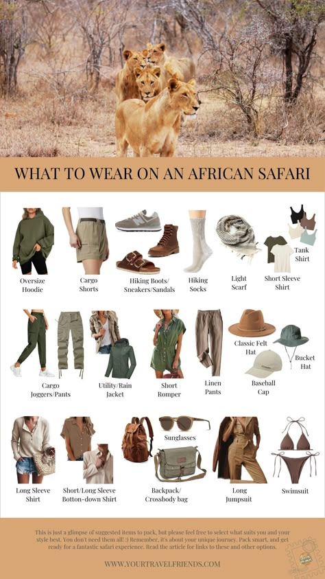 The Perfect Safari Outfits for Women - Your Travel Friends Safari Outfits For Women, Safari Outfit Women, Africa Safari Clothes, Africa Packing List, Africa Holiday, Safari Game, Namibia Travel, Africa Vacation, South Africa Safari