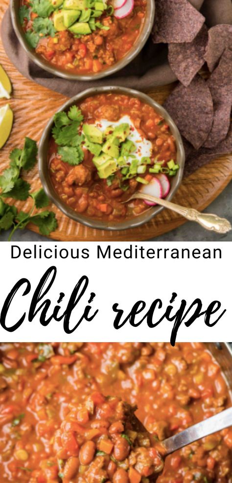 Mediterranean Diet Chili Recipe, Gameday Soup, Mediterranean Chili Recipe, Mediterranean Chili, Greek Chili, Mediterranean Chickpea Stew, The Mediterranean Dish.com, Mediterranean Ingredients, Mediterranean Diet Recipes Breakfast