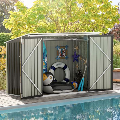 PRICES MAY VARY. [HIGH STRENGTH MATERIAL]: The outdoor storage shed is made of galvanized steel, the surface of the special process makes it not easy to rust and corrosion, all-weather use, easy to protect against the sun and rain, designed for swimming pools, gardens and other outdoor scenarios, it is a beautiful scenery in your space. [LARGE CAPACITY]: The storage shed 69.3" x 39.4" x 52.4" size, large capacity for storing pool toys, garden tools, patio equipment and other items. [THOUGHTFUL D Pool Float Storage, Outdoor Toy Storage, Tools Organization, Container Pool, Pool Storage, Jacuzzi Outdoor, Storage House, Outdoor Sheds, Metal Shed