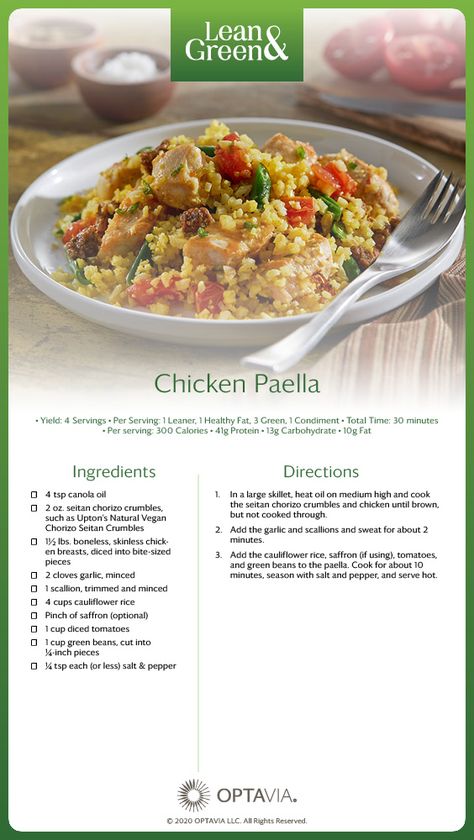 Lean Dinners, Optavia Lean And Green Recipes, Chicken Paella, Medifast Recipes, Optavia Lean And Green, Lean Protein Meals, Culinary Institute Of America, Trip To Spain, Lean And Green