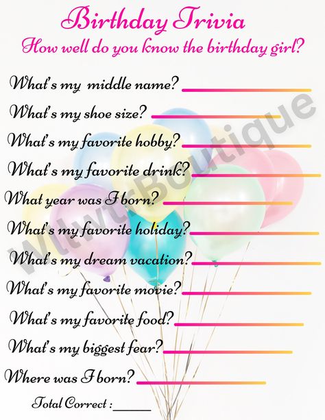 Do You Know The Birthday Girl, How Well Do You Know The Birthday Girl, Who Knows The Birthday Girl Best, Birthday Game Ideas, Birthday Trivia, Birthday Quiz, Birthday Sleepover Ideas, 13 Birthday, Birthday Freebies