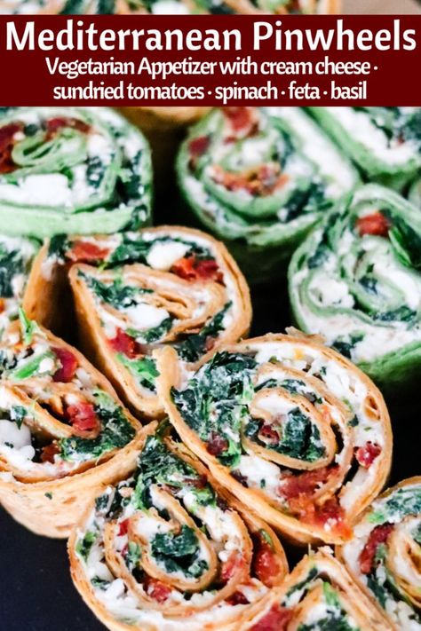 Mediterranean Pinwheels are an easy vegetarian appetizer! Stuffed with 3 cheeses, spinach, sun-dried tomatoes, and fresh basil, they are a HUGE crowd pleaser! With VEGAN and LOW CARB options as well! Tortilla Roll Ups Vegetarian, Tomato Basil Tortilla Wrap Ideas, Pinwheel Vegetarian, Vegetarian Pinwheels Roll Ups, Mediterranean Pinwheels, Low Carb Options, Vegetarian Appetizers Easy, Ways To Cook Asparagus, Pinwheel Sandwiches