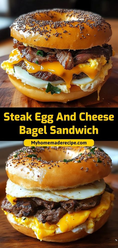 This steak, egg, and cheese bagel sandwich is savory, filling, and perfect for a hearty breakfast or brunch! Ingredients: 1 bagel, toasted 1 steak, cooked and sliced 1 egg, fried 1 slice cheddar cheese Serve this sandwich for a flavorful start to the day