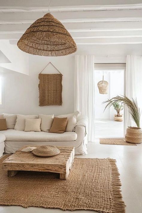 Boho White Interior, Terracotta Beach House, Modern Coastal Lounge Room, Beach Boho Interior Design, Greek Inspired Interior Design, Coastal Boho Interior Design, Greek Decor Living Room, Tulum Living Room, Beach Apartment Aesthetic