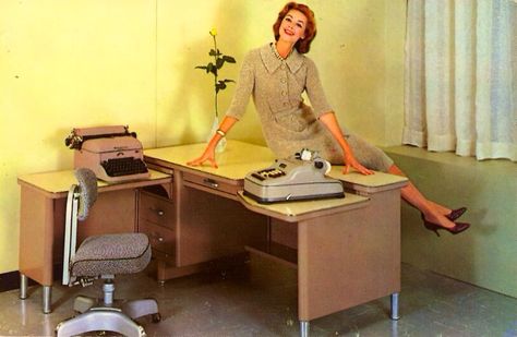 1950s Office, Mcm Office, Obsolete Technology, Desk Arrangements, Mid Century Office, Office Photos, Retro Office, May I Help You, Furniture Ads