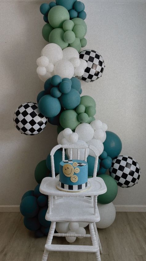 Checker Party Theme, Black And White Checkered Birthday Party, Two Cool Balloon Arch, Black And White Checkered Baby Shower Ideas, Baby On Board Vans Baby Shower Ideas, Checkered Theme Party, A Little Dude Is On The Way, Checkered First Birthday, Blue One Happy Dude Birthday