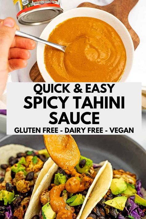 Spicy Tahini Sauce - Vegan, Dairy Free, Gluten Free, Whole30, Low Carb - this creamy chipotle tahini sauce is perfect for tacos, salads, dipping veggies or any way to add some spice to a meal. Ready in just 2 minutes with pantry ingredients. Spicy Tahini Sauce, Dairy Free Tacos, Sauce For Vegetables, Nacho Sauce, Chipotle Dressing, Vegan Chipotle, Tahini Recipe, Veggie Tacos, Taco Salads