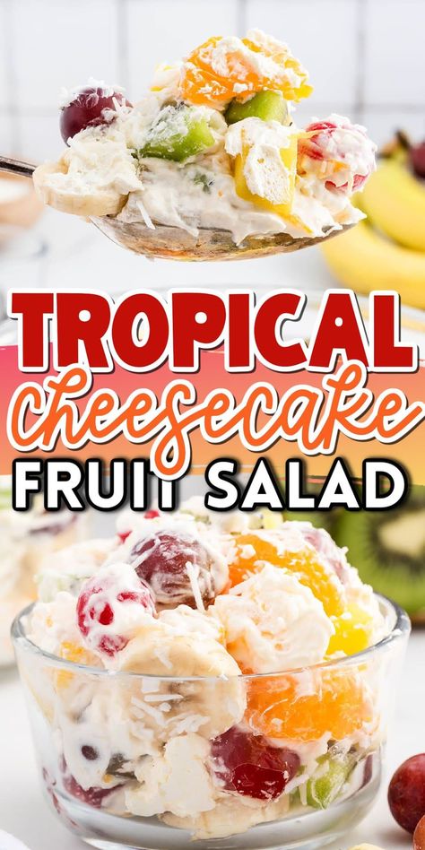 Tropical Cheesecake Fruit Salad Tropical Cheesecake, Tropical Fruit Recipes, Cheesecake Fruit, Cheesecake Fruit Salad, Easy Fruit Salad Recipes, Fruit Cheesecake, Tropical Fruit Salad, Dressing For Fruit Salad, Summer Salads With Fruit