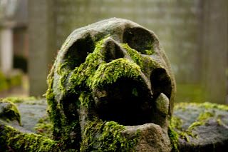 Skulls and crossed Bones "As an old symbol for mortality and evanescence the skull is often found on Cemeteries.  This one here is particularly scary." Grave Statues, Cemeteries Photography, Skull Reference, Cemetery Statues, Old Symbols, Old Cemeteries, Cemetery Art, Skull Carving, Skull And Bones