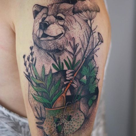 Gardening bear tattoo by Joanna Świrska #JoannaSwirska #DzoLama #planttattoos #color #blackandgrey #linework #dotwork #plant #illustrative #watercolor #leaves #mushrooms #nature #animal #gardening #tattoooftheday | Feb 28th 2018 | 480875 Bear Tattoos Women, Dzo Lama, Baby Bear Tattoo, Poland Tattoo, Mushrooms Nature, Bear Tattoo Designs, Nice Tattoos, Wroclaw Poland, Tattoos For Women Half Sleeve