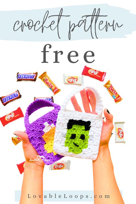 Free and easy spooky mini Halloween crochet treat bags featuring candy corn, witch hat, Frankenstein monster, and bat designs. Great for trick or treat candy bags. Granny Square Designs, Mini Totes, Candy Corn Witch, Crochet Fall Decor, Teacher Gift Bags, C2c Crochet Pattern Free, Crochet Animal Hats, Spooky Aesthetic, Fingerless Gloves Crochet Pattern