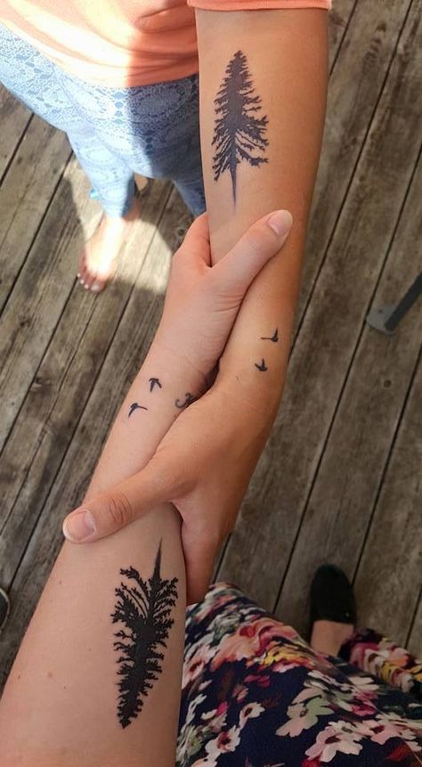 Best friend tattoo. Pine tree with two flying birds Bird Friend Tattoo, Pine Tree And Flower Tattoo, Best Friend Tattoos Outdoors, Matching Tree Tattoos, Tattoo Pine Tree, Country Couple Tattoos, Sonic Tattoo, Tree With Birds Tattoo, Friend Tats