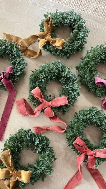 Amanda // Party + Home 🤍 on Instagram: "I found the DREAMIEST velvet ribbon at hobby lobby & had to use it on these cutie mini wreaths (also from hobby lobby)! 🎄 you can tie it on the wreath or use hot glue (like I did). Mini wreaths are one of my very favorite Christmas decorations! I put them on the backs of our dining chairs & hang them up all over the house! ✨ Do you guys love them too?! #miniwreath" Christmas Lobby Decor, Mini Christmas Wreaths Diy, Mini Wreaths Christmas, Christmas Wall Decor Diy, Diy Christmas Wall, Small Wreaths, Mini Wreaths, Christmas Wall Decor, Wreath Decor