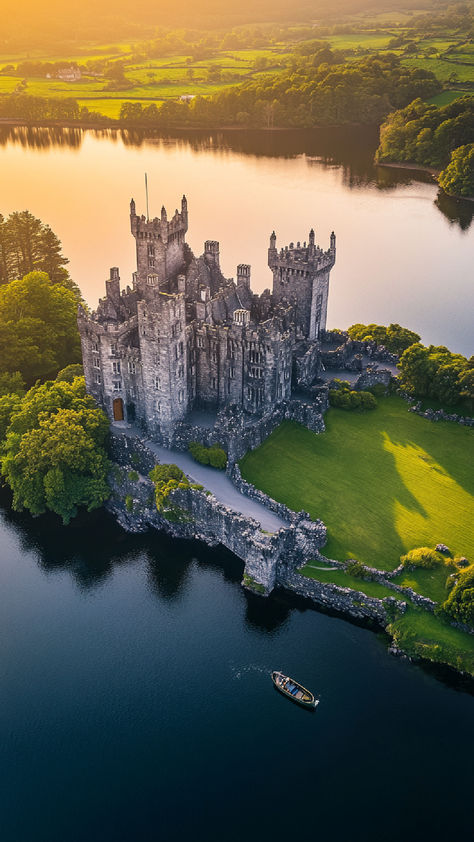 A breathtaking aerial view of Ashford Castle in County Mayo, Ireland, surrounded by lush greenery and calm waters, perfect for those seeking unique and romantic stays in Ireland. Ireland Honeymoon Romantic, Romantic Ireland, Places To Stay In Ireland, Places In Ireland, Ireland Honeymoon, Unique Stays, Ireland Hotels, Beach House Tour, Spa Resorts