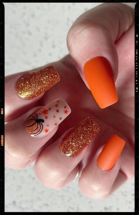 Thanksgiving Sparkle Nails, Pumpkin Patch Nails, Pumpkin Nails Designs, Fall Nails With Pumpkins, Nails Ideas Thanksgiving, Pink Pumpkin Nails, Pumpkin Nail Designs, Candy Corn Nails, Firework Nails