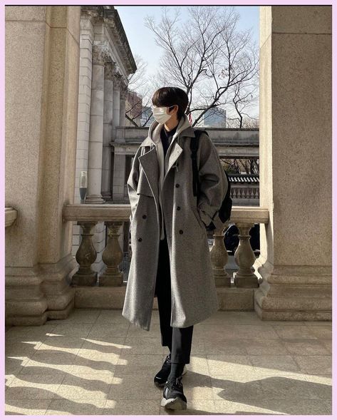 Winter Clothing Aesthetic Men, Winter Outfit Aesthetic Men, Korean Coat Outfits Men, Gray Men Outfit, Korean Winter Outfit Men, Asian Winter Outfits Men, Mens Luxury Lifestyle Fashion, Asian Men Streetwear, Winter Korean Outfits