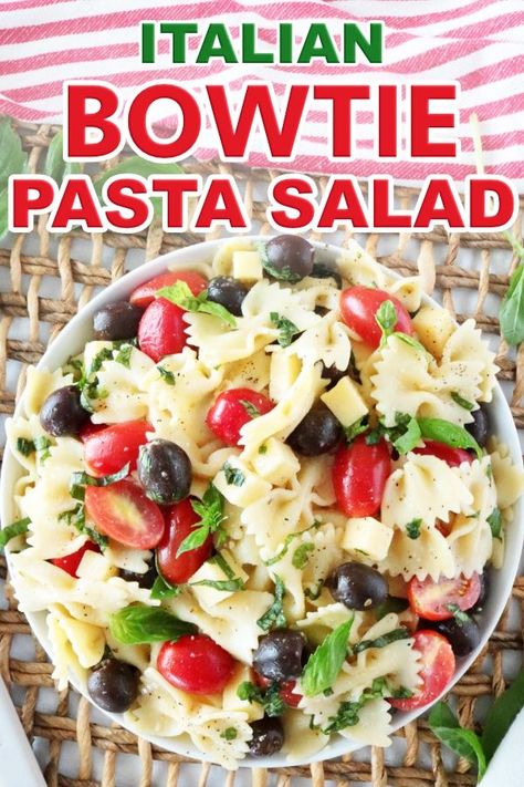 Italian Bowtie Pasta Salad with creamy Italian dressing and Parmesan is perfect for lunches, parties and BBQ side dishes! A light and healthy recipe!! #bowtiepasta #pastasalad #italianpastasalad #healthy Italian Bowtie Pasta, Recipe With Italian Dressing, Dish For Potluck, Pasta Salad With Italian Dressing, Bowtie Pasta Salad, Antipasto Pasta Salads, Bbq Side Dishes, Bbq Side, Side Dishes For Bbq